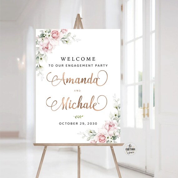 Blush pink roses Engagement party Welcome Sign, Greenery Engagement Party Decor, We are engaged, Bohemian, Eucalyptus, Decoration, A2