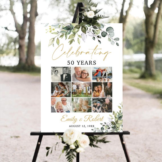 Eucalyptus 50th Wedding Anniversary Welcome Sign: Photo Collage, Greenery (Printed or Digital File)