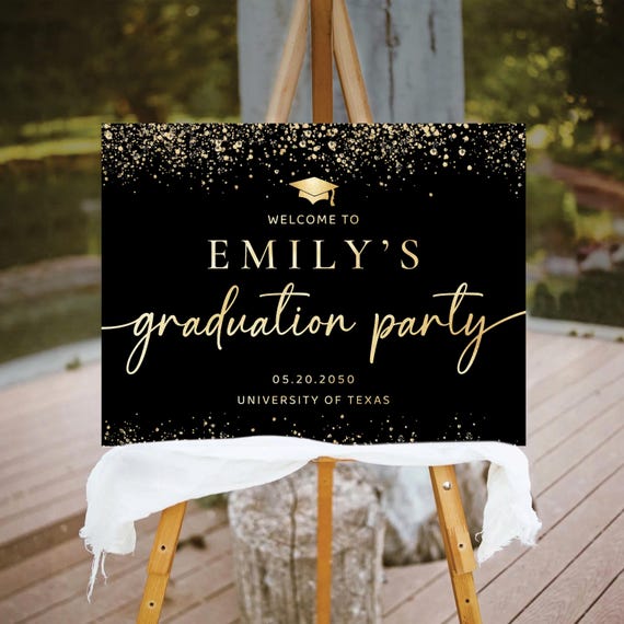 Black Golden Graduation Party Welcome Sign, Gold Glitter Graduation Decorations, Modern Graduation with photo Party Sign, Grad Party Poster