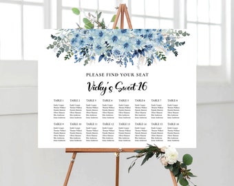 Blue boho Birthday Seating Chart, Sweet 16e, 18e anniversaire, Mariage plan de table alphabétique, Table de plan de table de mariage, boho bleu