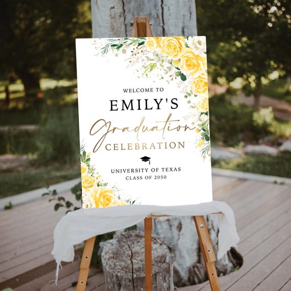 Yellow White florals Graduation Party Welcome Sign, Photo Graduation Poster, Modern Graduation Decoration, Grad Party Decor, Eucalyptus, YW1