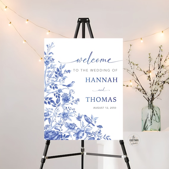 Blue Porcelain Wedding Ceremony Welcome Sign, Floral Chinoiserie Wedding Sign Printable, Wedding Decorayions, Watercolor Flower Wedding, BP2