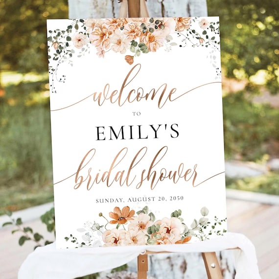 Burnt Orange Bridal Shower Welcome Sign, Neutral Floral, Bohemian (Digital Printable)