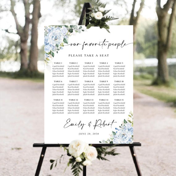 Blue Floral Wedding Table Seating Chart, Botanical Wedding Table Plan, Printable Greenery Wedding Seating Plan, Find Your Seat, Digital file