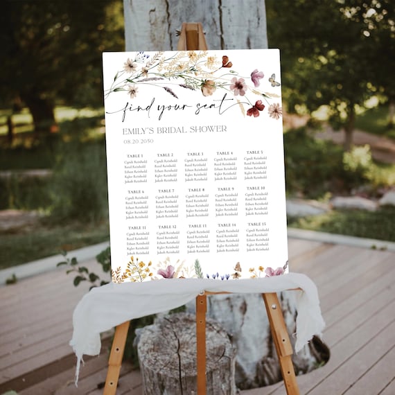 Wildflower Bridal Shower Seating Chart, Printable Floral Wedding Seating Plan, Find Your Seat, Rustic Wedding Table Plan, Digital file, TIY