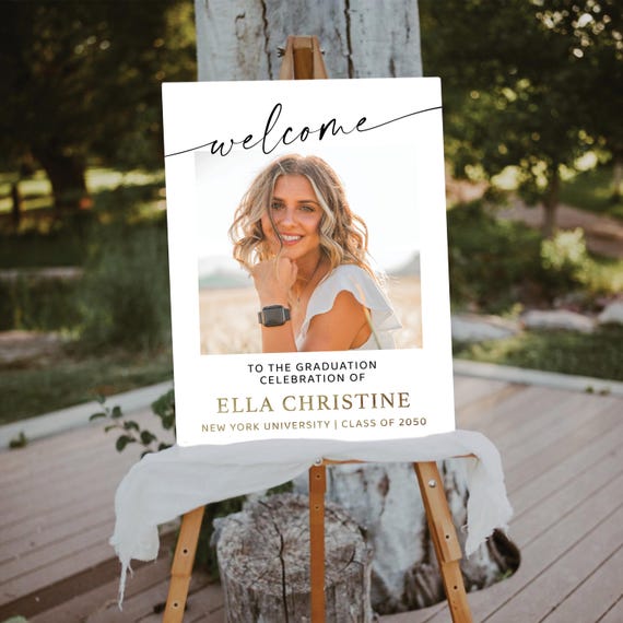 Graduation with photo Welcome Sign, Photo Graduation Poster, Gold Glitter, Graduation Decorations, Graduation Party Poster, Grad Party Sign