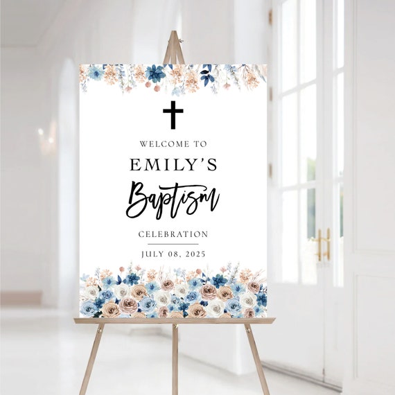 Blue boho baptism welcome sign, Baptism sign, First Holy Communion, Quinceañera Welcome Sign, Quinceanera Sign, Baby shower sign