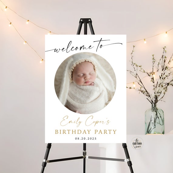 Birthday Party with Photo Photo Welcome Sign Template, Photo Modern Birthday Welcome Sign, Minimalist Birthday Sign, Any Age, Printable
