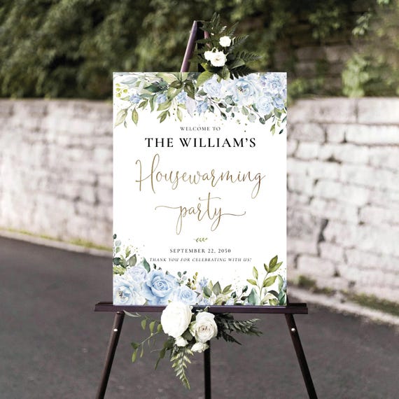 Blue Floral Housewarming Party Welcome Sign, Printable Botanical New Home Party Welcome Poster, Greenery New House Sign, Custom Digital File