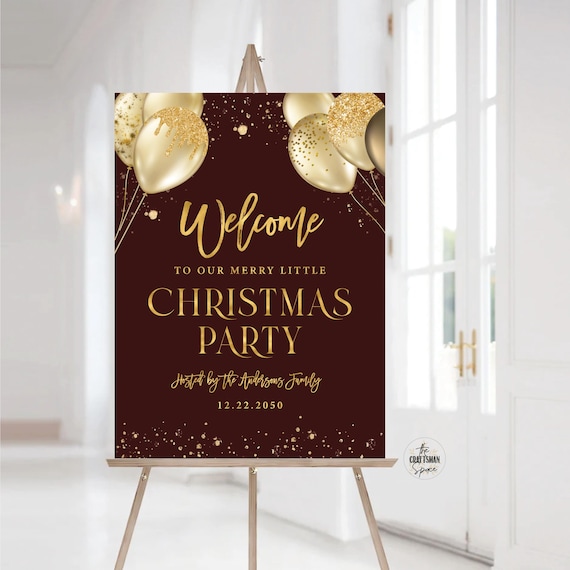 Christmas Party Welcome Sign: Gold Balloons and Confetti, Modern Decor (Digital Printable)