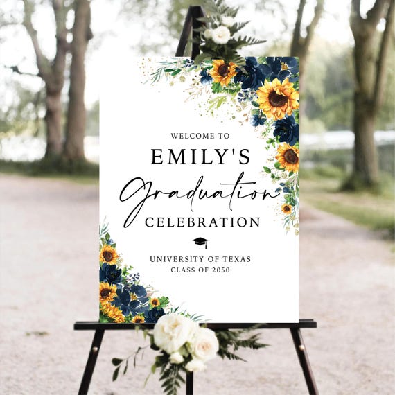 Sunflower Blue Graduation Party Welcome Sign, Navy Grad Party Sign, Mimimalist Graduation Decor, Blue Graduation Welcome Sign, Bohemian, SN1