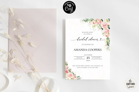 Ethereal Blush bridal shower Invitation coral, wedding shower invite, bridal shower invite, Corjl, 100% Editable, bridal brunch invite, EB1