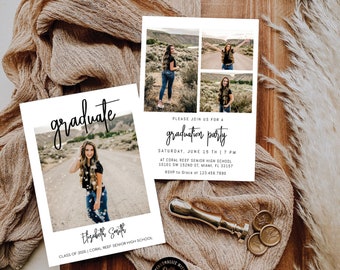 Invitación fotográfica para fiesta de graduación: Anuncio minimalista moderno, editable (descarga digital)