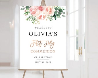 Panneau de bienvenue floral première communion à fleurs rose pâle : décor de baptême botanique (fichier numérique)