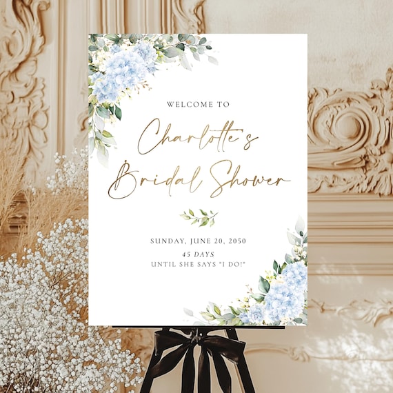 Blue Hydrangea Bridal Shower Welcome Sign, Greenery Watercolor (Digital Printable)