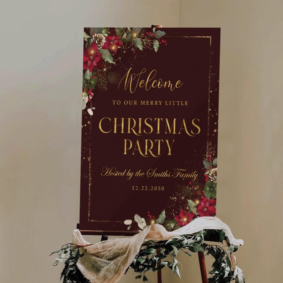 Floral Christmas Party Welcome Sign, Red Poinsettia, Golden Frame (Printed or Digital File)