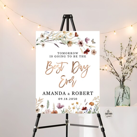 Tiny Floral Best Day Ever Welcome Sign, Rehearsal Dinner Sign, Wildflowers Wedding Rehearsal Sign, The Night Before Sign, Decorations, TIY