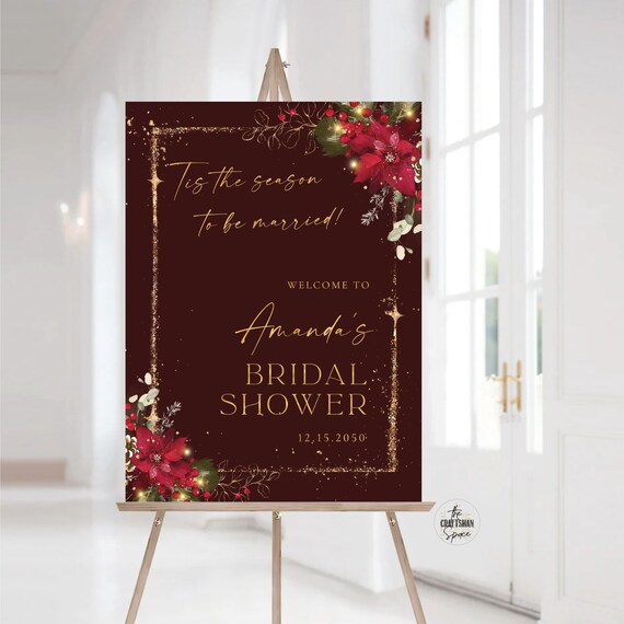 Winter Bridal Shower Welcome Sign, Christmas Bridal Shower Sign, Holiday Wedding Decoration, Poinsettia and Lights, Rustic Christmas, CRM2