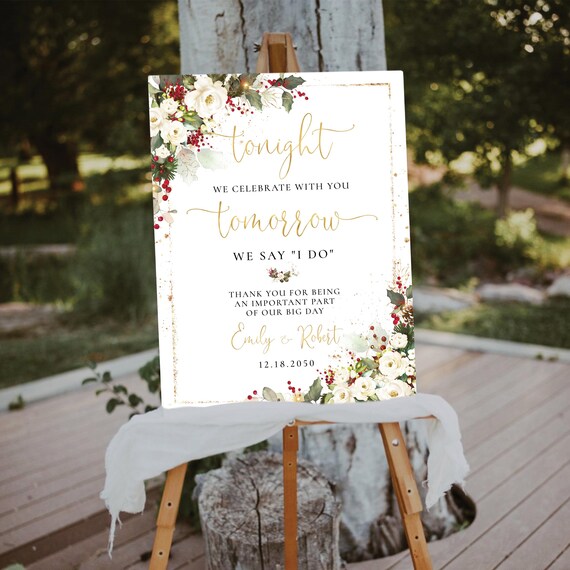 White Floral Rehearsal Dinner Welcome Sign, Holly berries, Winter Wedding Poster (Digital Printable)