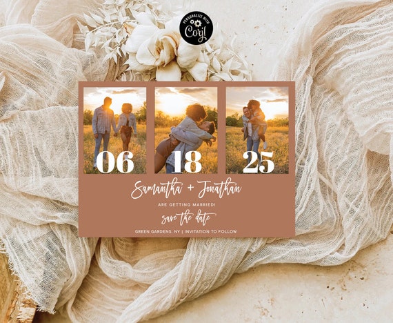 Terracotta Save the Date with Photo Collage Template, Boho Save The Date Digital Download, Modern Save The Date, Editable, Corjl