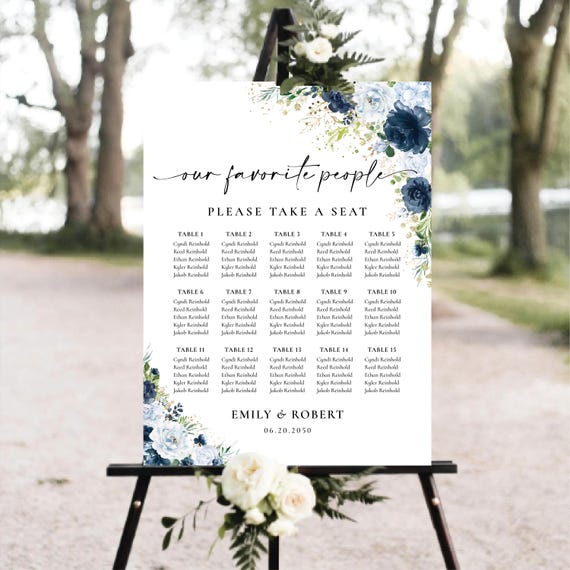 Blue Floral Wedding Seating Chart Sign, Dusty blue and navy flowers Wedding Table Plan, Wedding Seating Plan, Find Your Seat, Digital file