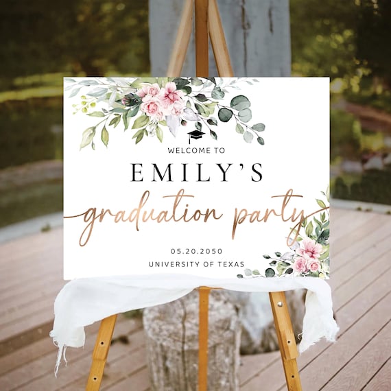 Greenery Blush Pink Roses Graduation Party Welcome Sign, Botanicals Grad Party Sign, Graduation Decor, Graduation Party Sign, Eucalyptus,BG1
