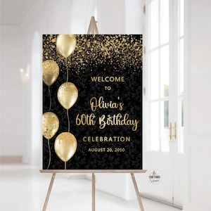 60. Geburtstag Party Zeichen, 50. Geburtstag Willkommensschild, 70. Geburtstag Feier Zeichen, Luftballons Geburtstagsschild, Schwarz und Gold Geburtstagsschild