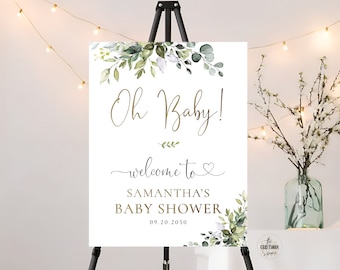 Greenery Baby Shower Welcome Sign, Printable Gender Neutral Welcome Signage, Elegant Botanical Baby shower Welcome Poster, Digital File, HB2
