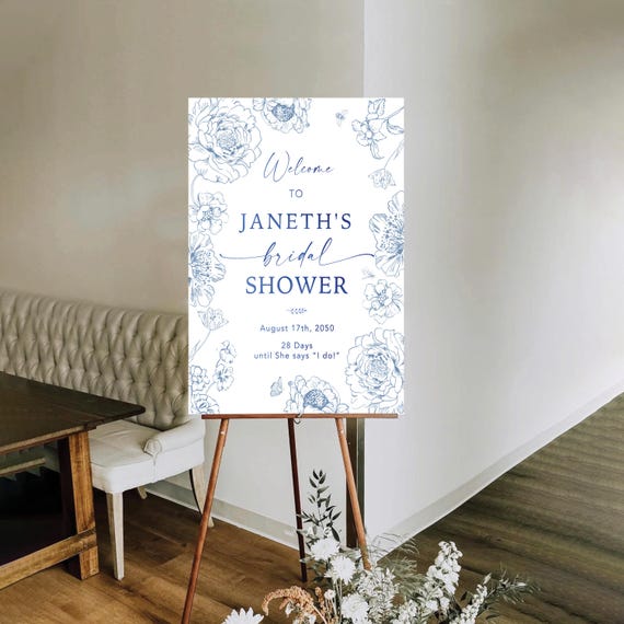 Floral Chinoiserie Bridal Shower Welcome Sign, Blue Porcelain Bridal Brunch Sign, Vintage Wedding Shower Decoration, Blue Toile de Jouy, BC1