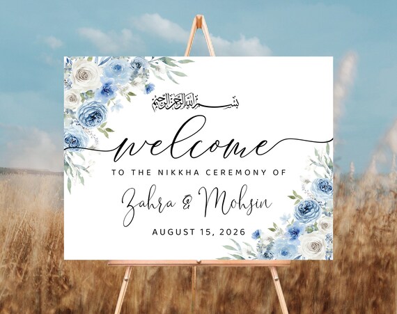 Dusty Blue Ivory Wedding Welcome Sign, Blush pink Roses Wedding Ceremony Sign, Lilac Floral Wedding signs, Wedding Decorations, Poster, DB1
