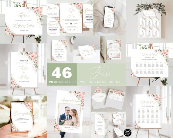 TESSA Blush Pink Roses Wedding Mega Bundle, Wedding Invites Mega Bundle, 46 Pieces, Wedding Invitation Template, Printable, Soft Pink, EB2