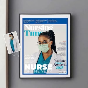 Copertina di rivista personalizzata per l'infermiera dell'anno, regalo per un eroe sanitario, regalo personalizzato per infermiere, ritratto di compleanno unico, regali di laurea per infermieri