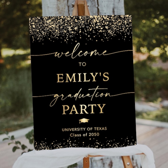 Black and Gold Graduation Party Welcome Sign, Minimal Grad Celebration Poster (Digital Printable)