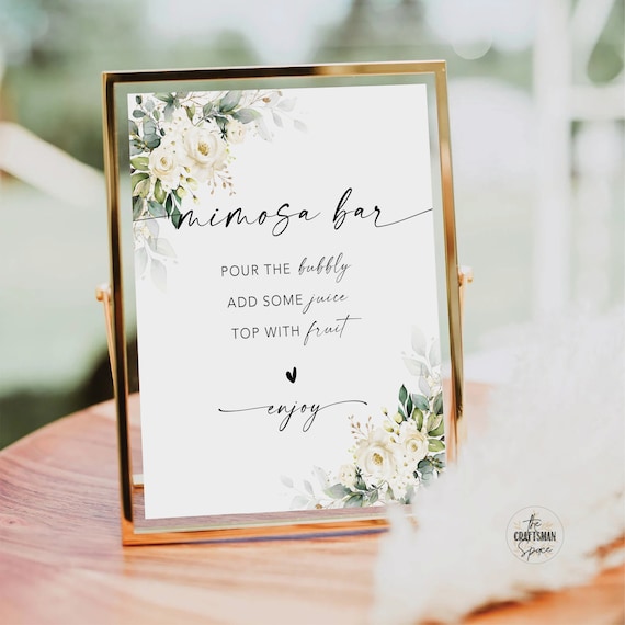 White roses Mimosa Bar Sign, Wedding Sign Template, Wedding Gifts Sign, Baby Shower Gift Sign, Bridal Shower Mimosa Bar Sign, WR3