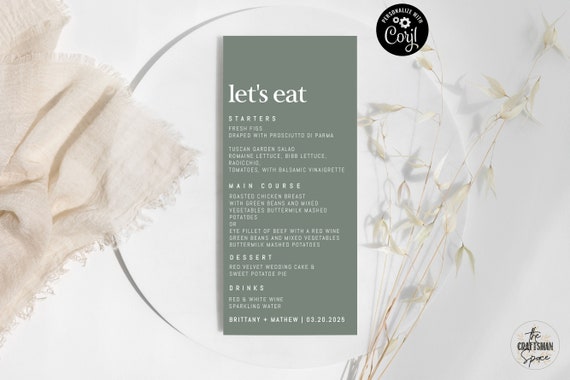 Sage green wedding Menu Template, Modern Wedding Menu, Minimal Wedding, Wedding Table Decor, Editable, Corjl
