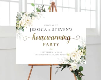 White Roses Housewarming Party Welcome Sign, New Home Party, New House Party Sign, House warming welcome sign, Eucalyptus, WR3