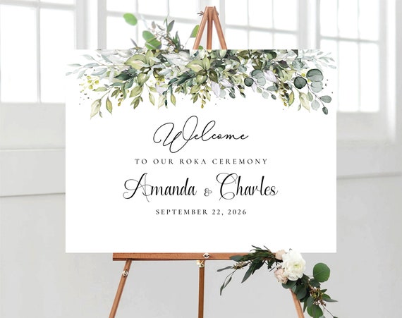 Greenery Wedding Reception Welcome Sign, Botanicals Roka Ceremony Sign, Indian Wedding Decor, Herbal Wedding Reception Sign, Eucalyptus, HB2