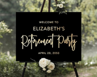 Minimalist Retirement Party Welcome Sign, Black and Gold (Digital Printable)