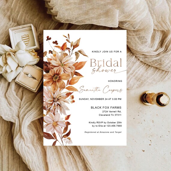Fall leaves Bridal Shower Invitation, Boho Bridal Shower Invitation, Autumn Floral Wedding Invite, Fall Wedding Invitation, Decorations, AG1
