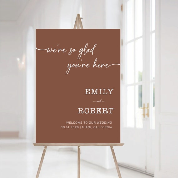 Terracotta Modern Wedding Welcome Sign, We're So Glad You're Here, Minimalist Wedding Welcome Sign, Terracotta Wedding, T1