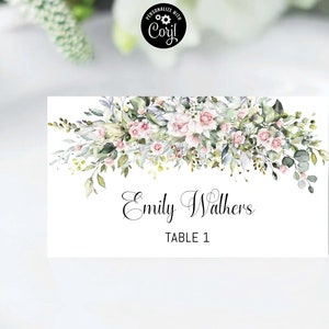 Greenery with Blush pink Table Name Card, Wedding Place Cards, Eucalyptus, Blush pink roses, Flat and Tentfolded, Wedidng Name cards, BG2