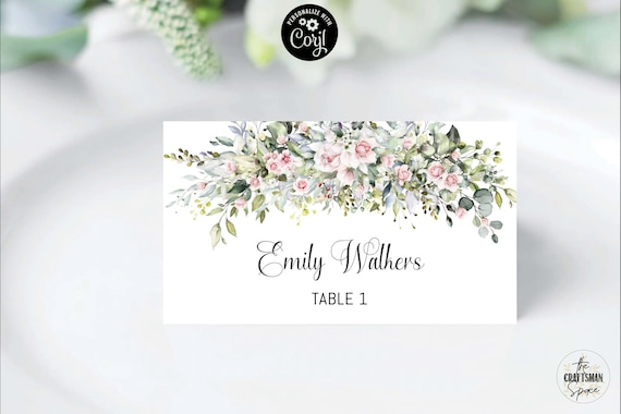 Greenery with Blush pink Table Name Card, Wedding Place Cards, Eucalyptus, Blush pink roses, Flat and Tentfolded, Wedidng Name cards, BG2