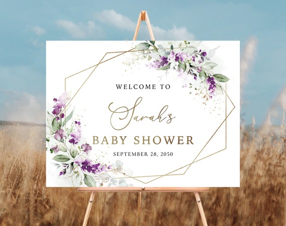Greenery Purple Baby Shower Welcome Sign, Green Lavender Baby shower welcome sign, Baby shower decorations, Lilac Floral, Printable, GPU
