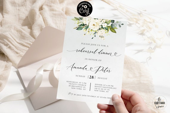 White roses Rehearsal dinner Invitation, The night before invite, Wedding rehearsal invite, Corjl, 100% Editable, Cream roses, WR1