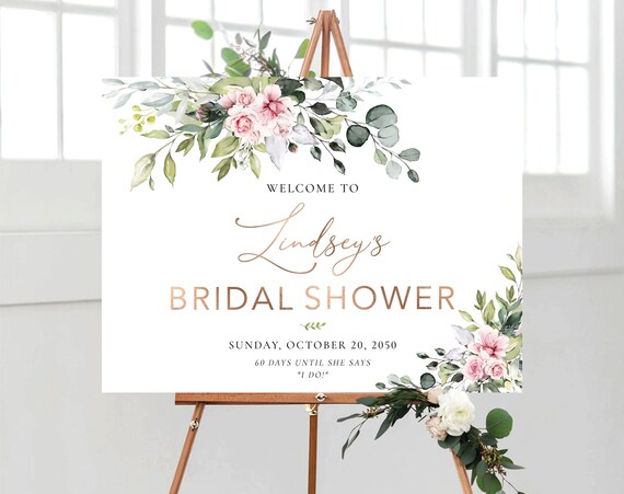 Blush Pink roses Bridal Shower Welcome Sign, Greenery Bridal Shower Sign, Custom Design, Decor, Bridal Brunch Sign, Bridal Tea Sign, BG1