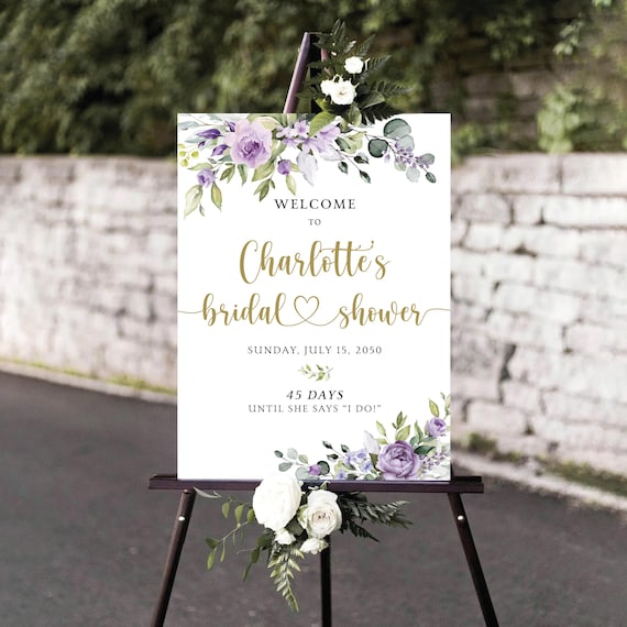 Purple Floral Bridal Shower Welcome Sign: Eucalyptus & Faux Gold (Printed or Digital File)