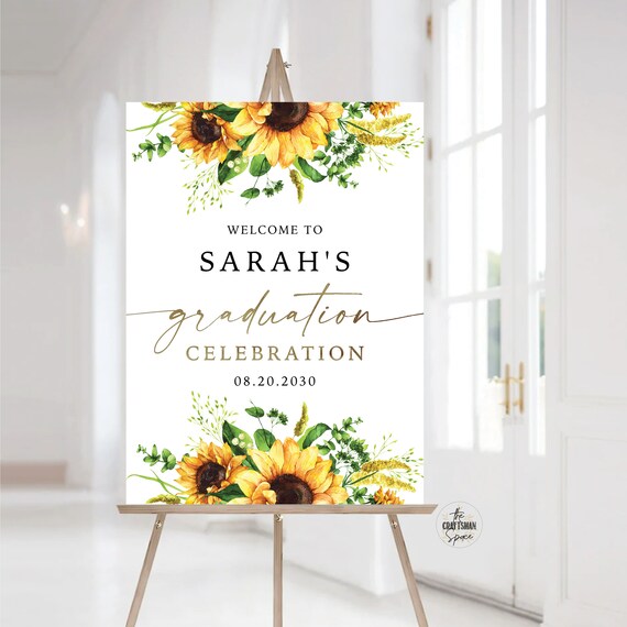 Graduation Party Welcome Sign, Digital File, Custom Design, Sunflower Grad Party Sign, Graduation Decor, Graduation Banner, Eucalyptus, SF1