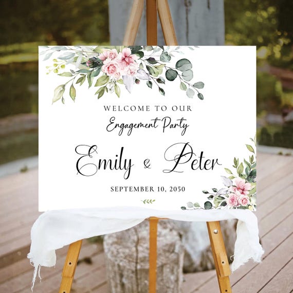 PRINTED OR DIGITAL Blush Greenery Engagement Welcome Sign, Botanicals We are Engaged Foam Board, Poster, Eucalyptus, Elegant Wedding, BG1