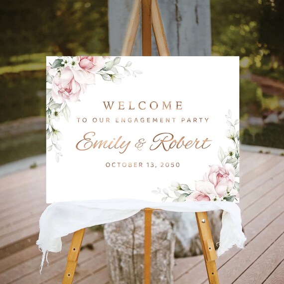 Blush Pink Roses Engagement Party Welcome Sign, Botanicals We are engaged Sign, Winter roses Wedding Engagement Decorations, Bohemian, A2