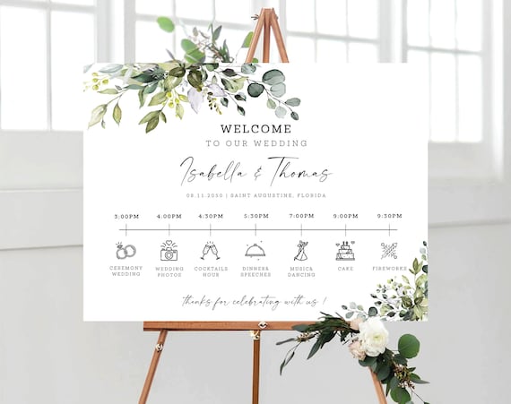 Greenery Wedding Timeline Welcome Sign, Order of Events Sign, Timeline Wedding Sign, Wedding Elegant Itinerary Sign, Eucalyptus, Poster, HB2